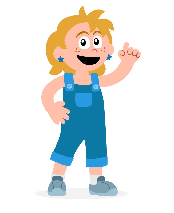 Vector illustration of a white young girl with blonde hair wearing blue overalls and star earrings.